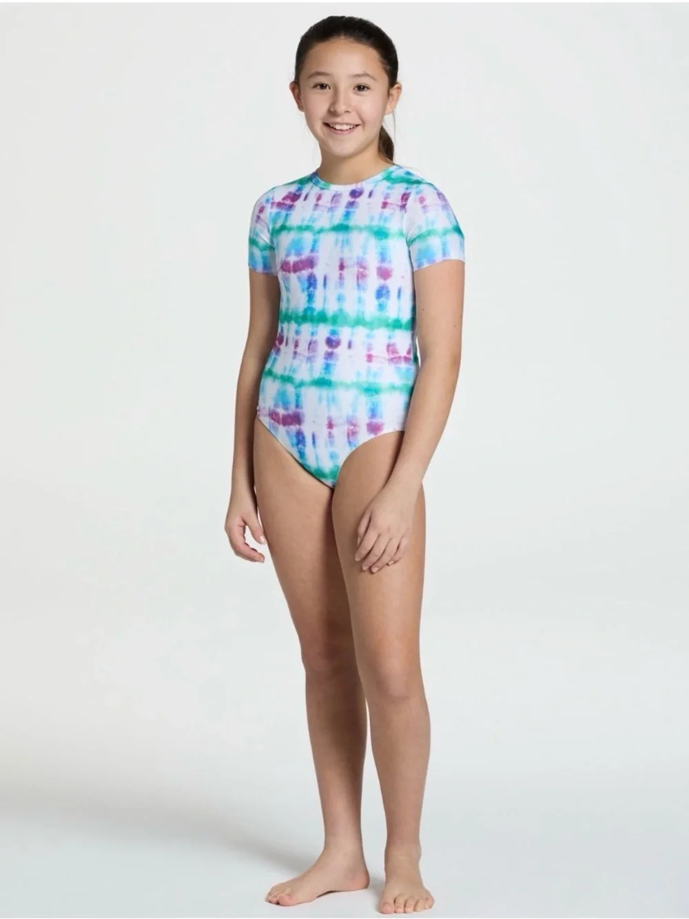 DSG Girls Tie Dye One Piece Swimsuit UPF 50+ Short Sleeve Size S (8/9) NWT